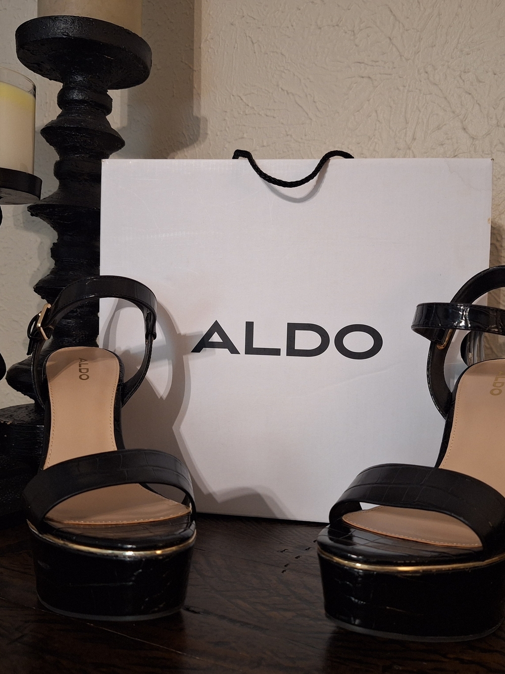 Aldo Black Women's Snake Skin Gold Trim Wedge Sandals - Size 9